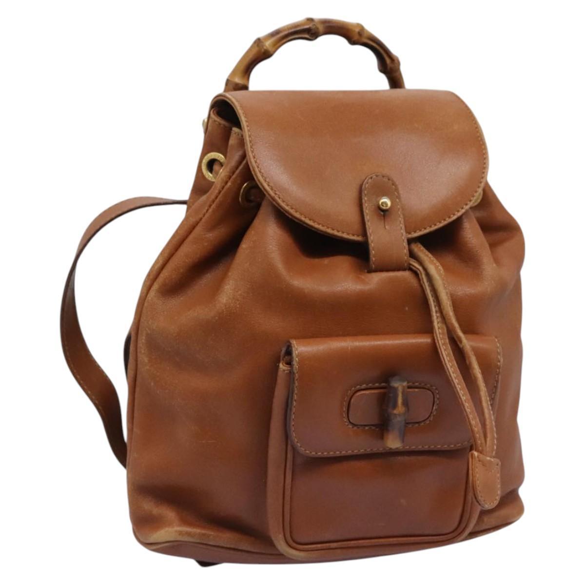 Gucci Bamboo Backpack Leather Brown Gold 003 2058 0030 Auth Ep7524